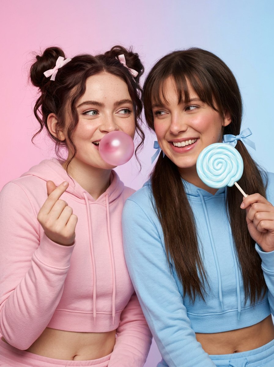 Playful Pastel Studio Portrait of Sadie Sink and Millie Bobby Brown — Nano Banana Pro AI Generated Image