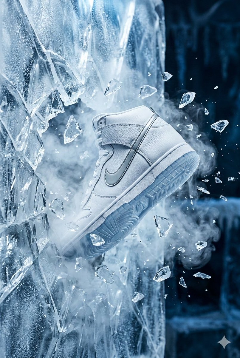Nike Dunk Bursting Through Crystalline Wall — Nano Banana Pro AI Generated Image