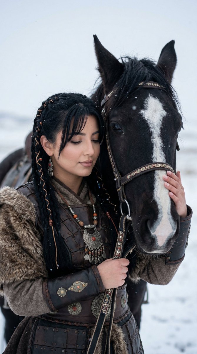 Cinematic Portrait of Ancient Turkic Woman and Horse in Snow — Nano Banana Pro AI Generated Image