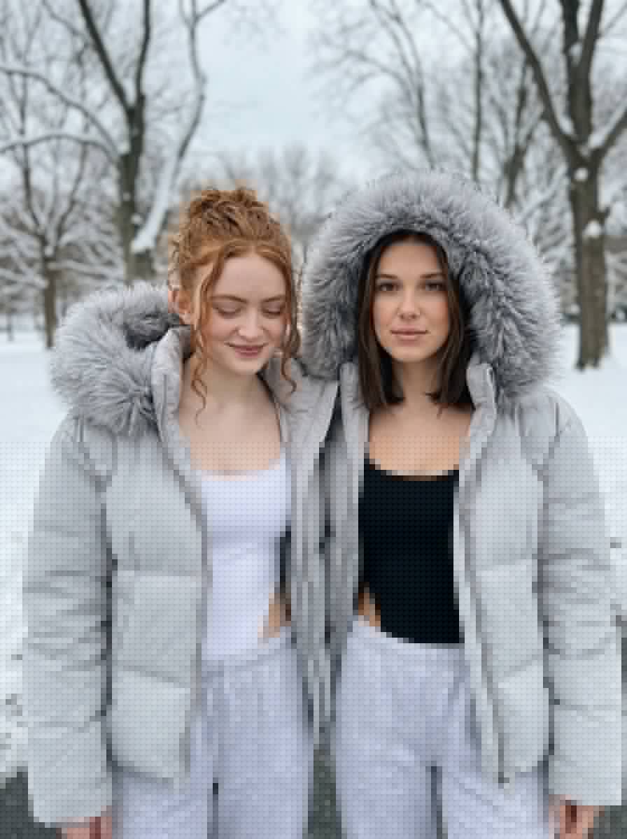Intimate Winter Street Fashion Portrait Prompt (Sadie Sink & Millie Bobby Brown) — Nano Banana Pro AI Generated Image