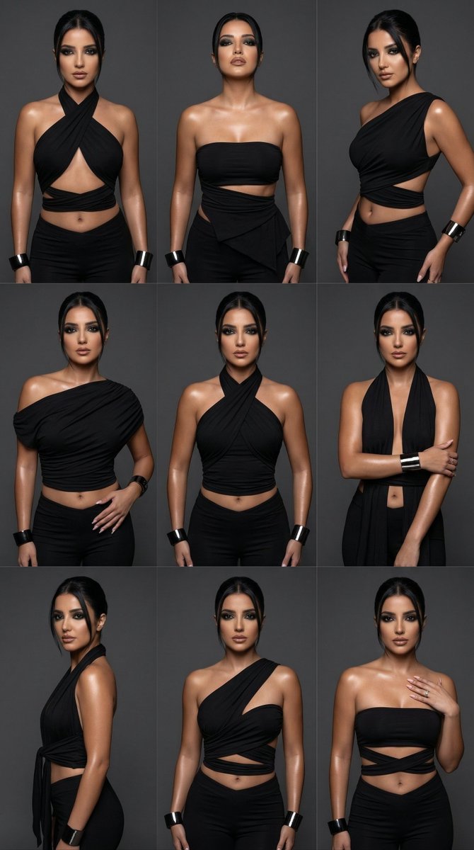 9-Panel Fashion Variation Grid Prompt: Black Wrap Tops — Nano Banana Pro AI Generated Image