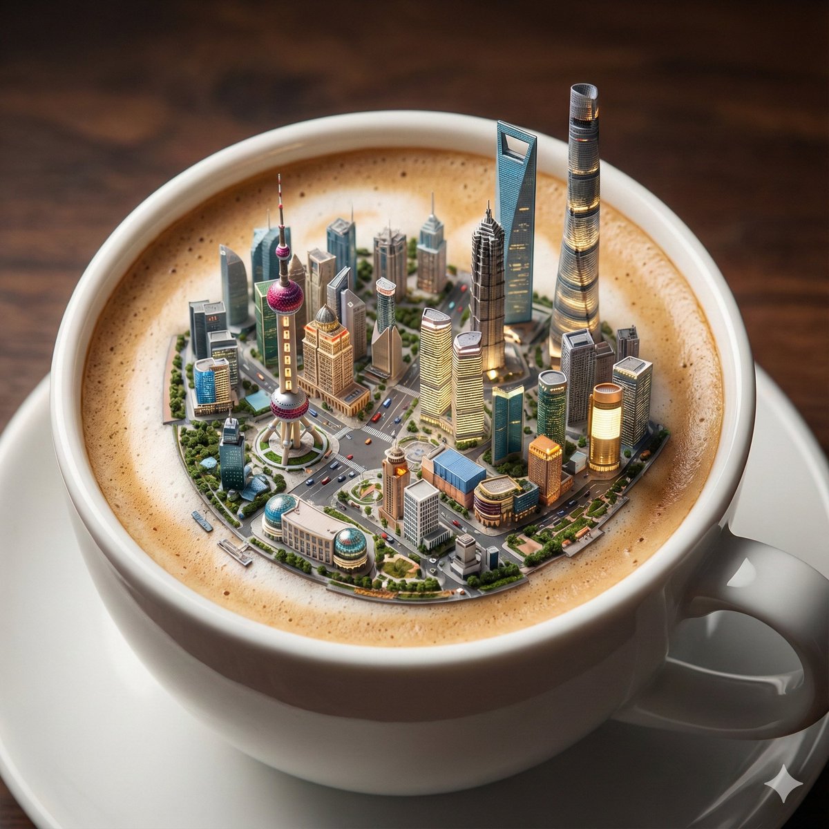 Micro City Floating on Coffee Foam — Nano Banana Pro AI Generated Image