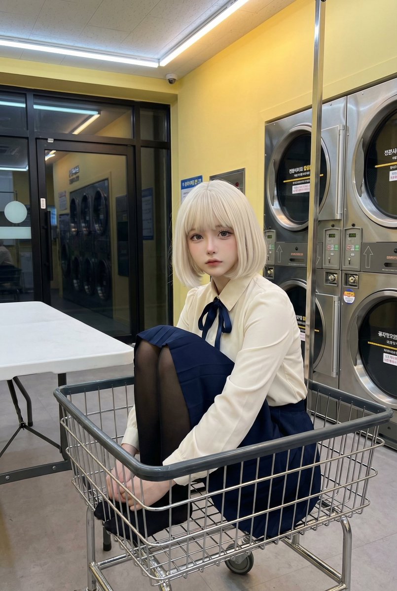 Cosplay Model in Laundry Cart Portrait — Nano Banana Pro AI Generated Image