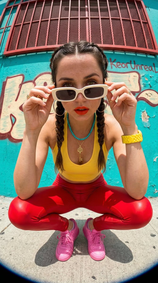 Photorealistic streetwear portrait of Emma Myers with fisheye distortion — Nano Banana Pro AI Generated Image