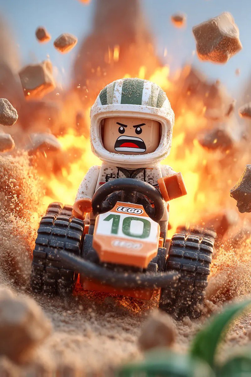 Lego Racer on Exploding Volcano Slope — Nano Banana Pro AI Generated Image