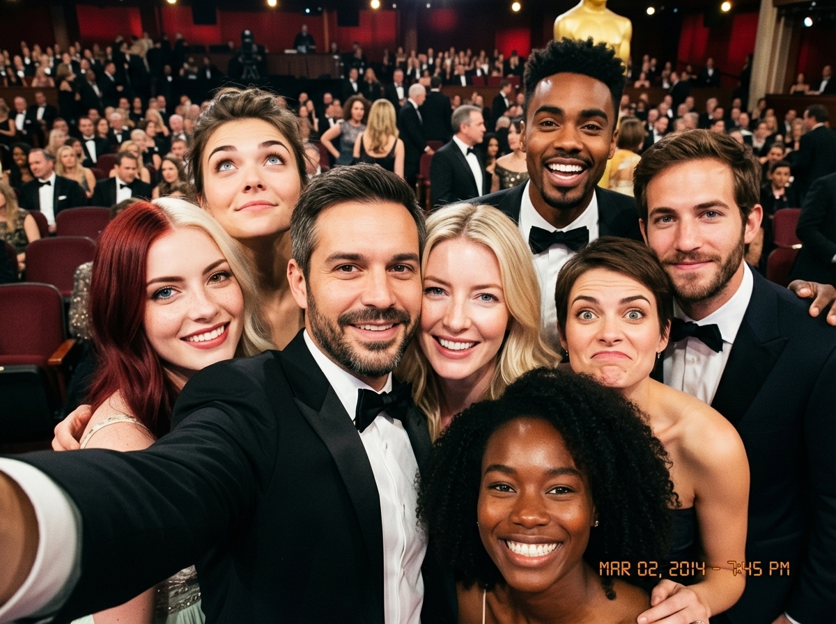 Oscars selfie as a character-select game screen — Nano Banana Pro AI Generated Image