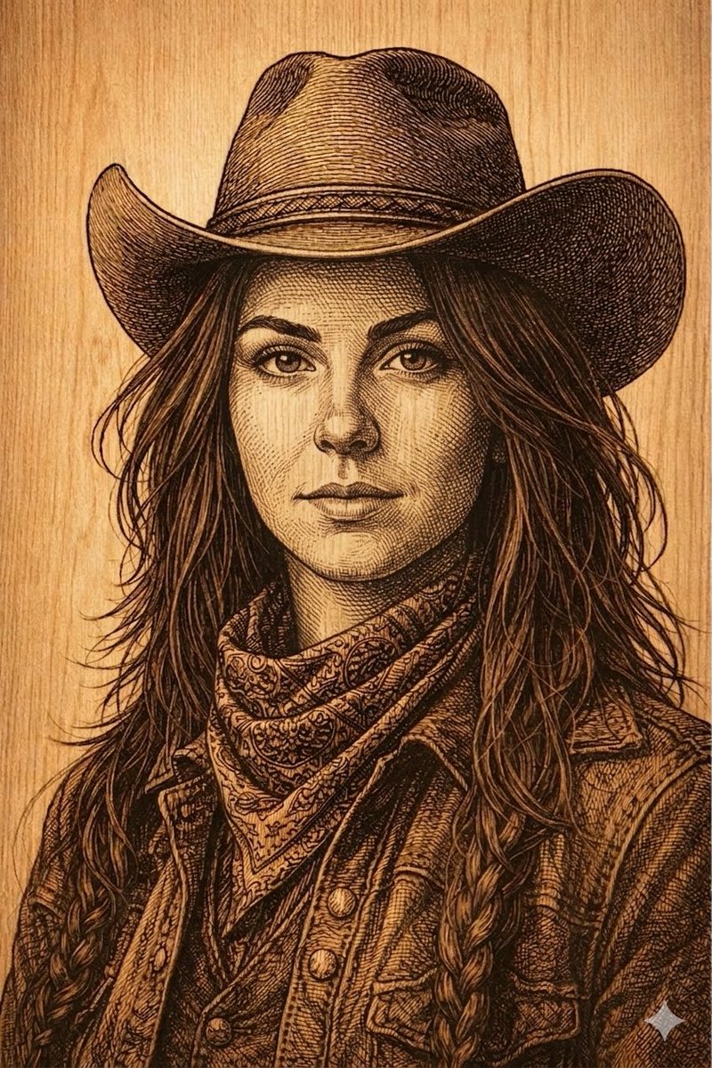 Western Outlaw Woodburning Pyrography Prompt — Nano Banana Pro AI Generated Image
