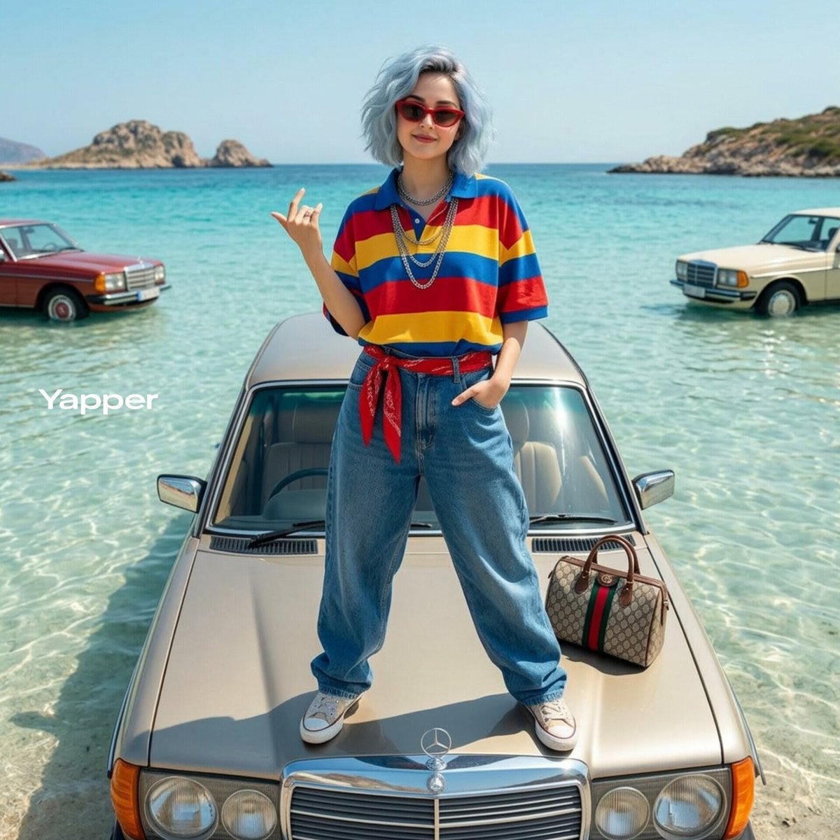 Stylish Woman on Submerged Vintage Car — Nano Banana Pro AI Generated Image
