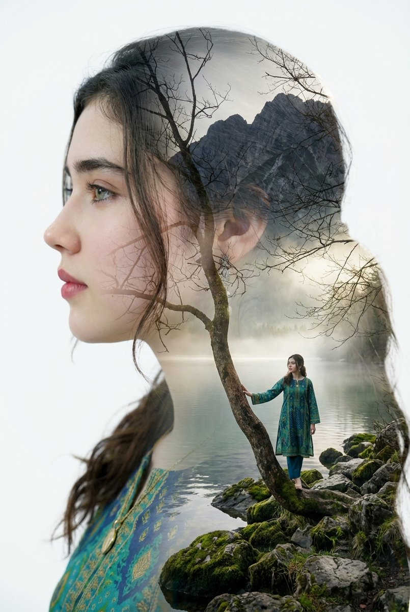 Double Exposure Portrait with Tree Branches and Landscape