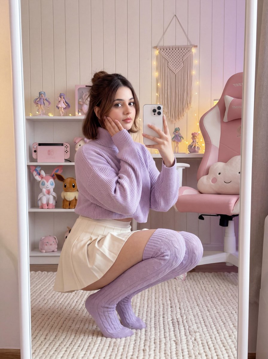 Soft Gamer Aesthetic Mirror Selfie in Lavender Light — Nano Banana Pro Prompt