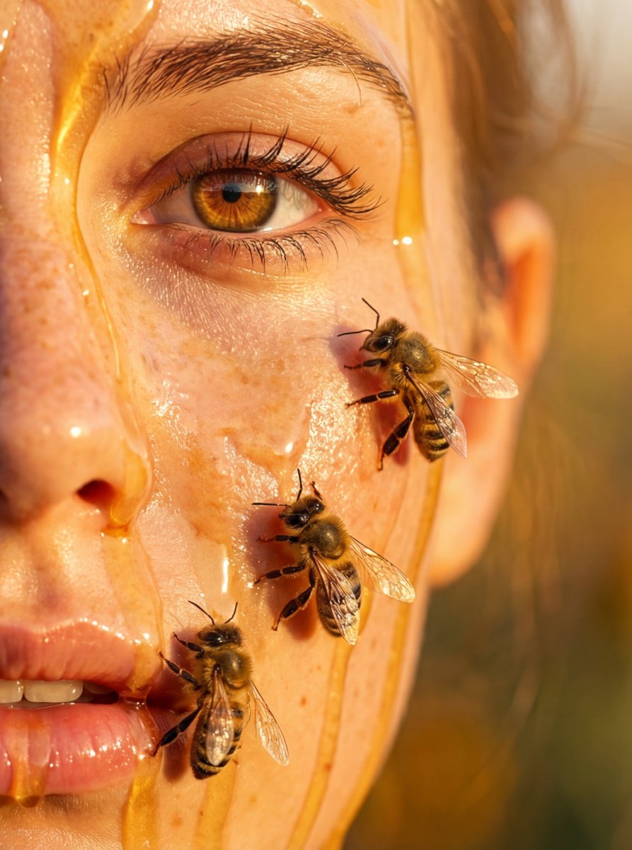 Hyper-real honey-covered woman with bees close-up — Nano Banana Pro AI Generated Image
