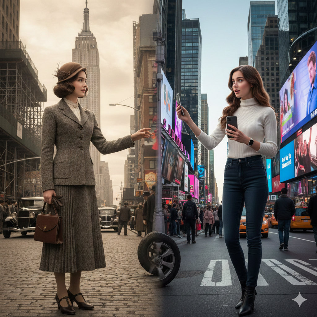 Split-Screen Cinematic Time Travel Prompt — Nano Banana Pro AI Generated Image