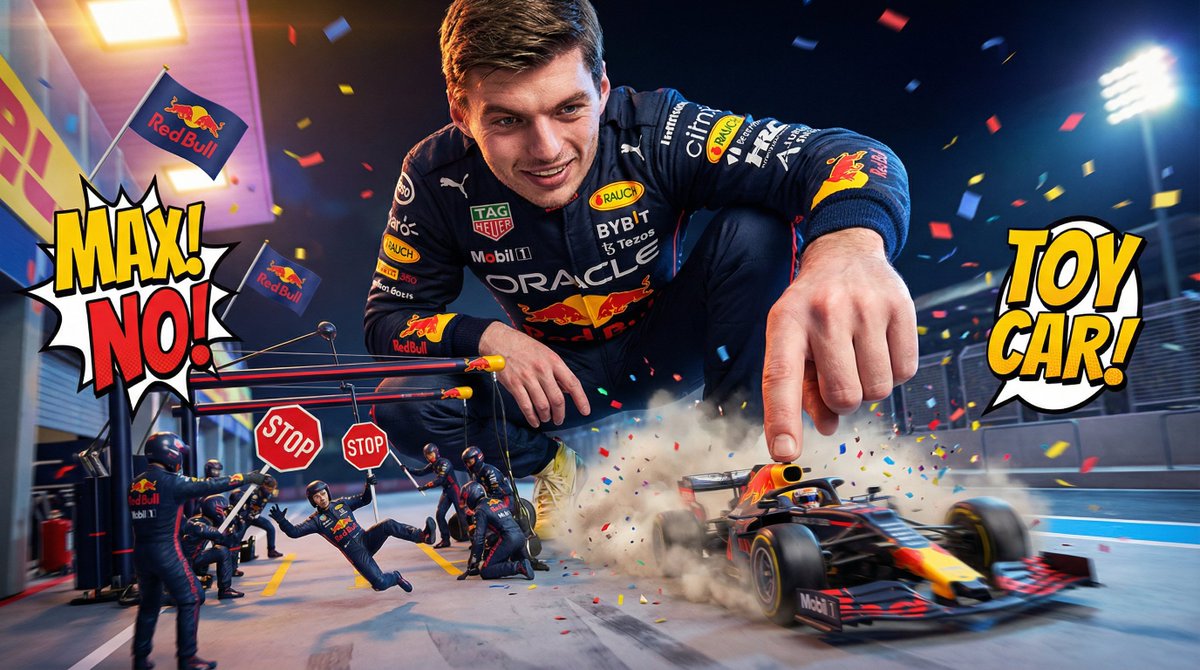 Comedic Giant Max Verstappen in Pit Lane — Nano Banana Pro AI Generated Image