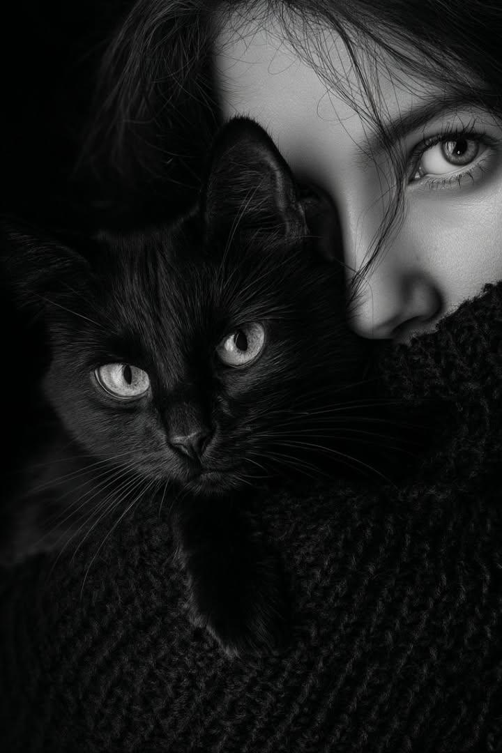 Moody Black and White Portrait with Cat — Nano Banana Pro AI Generated Image