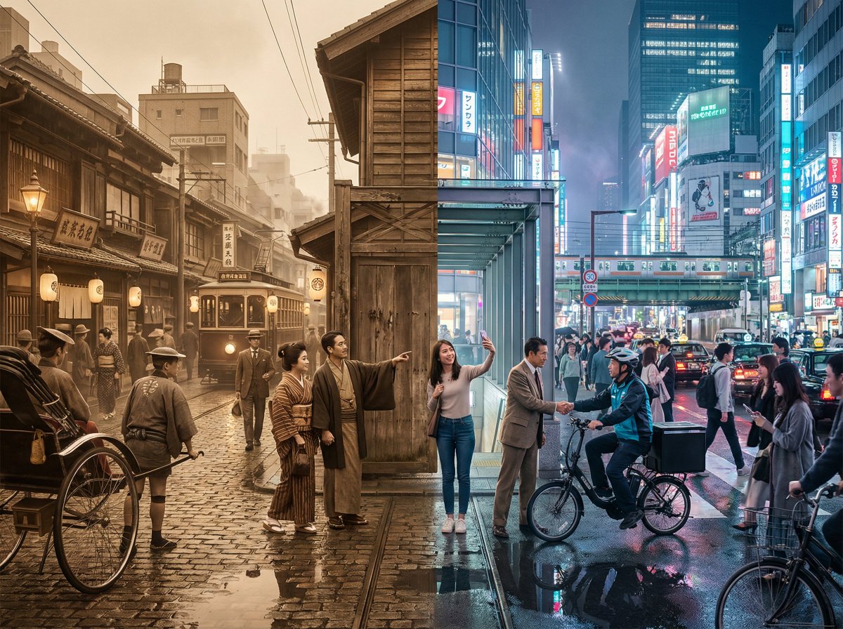 Tokyo Time-Blend Split-Screen — Nano Banana Pro AI Generated Image