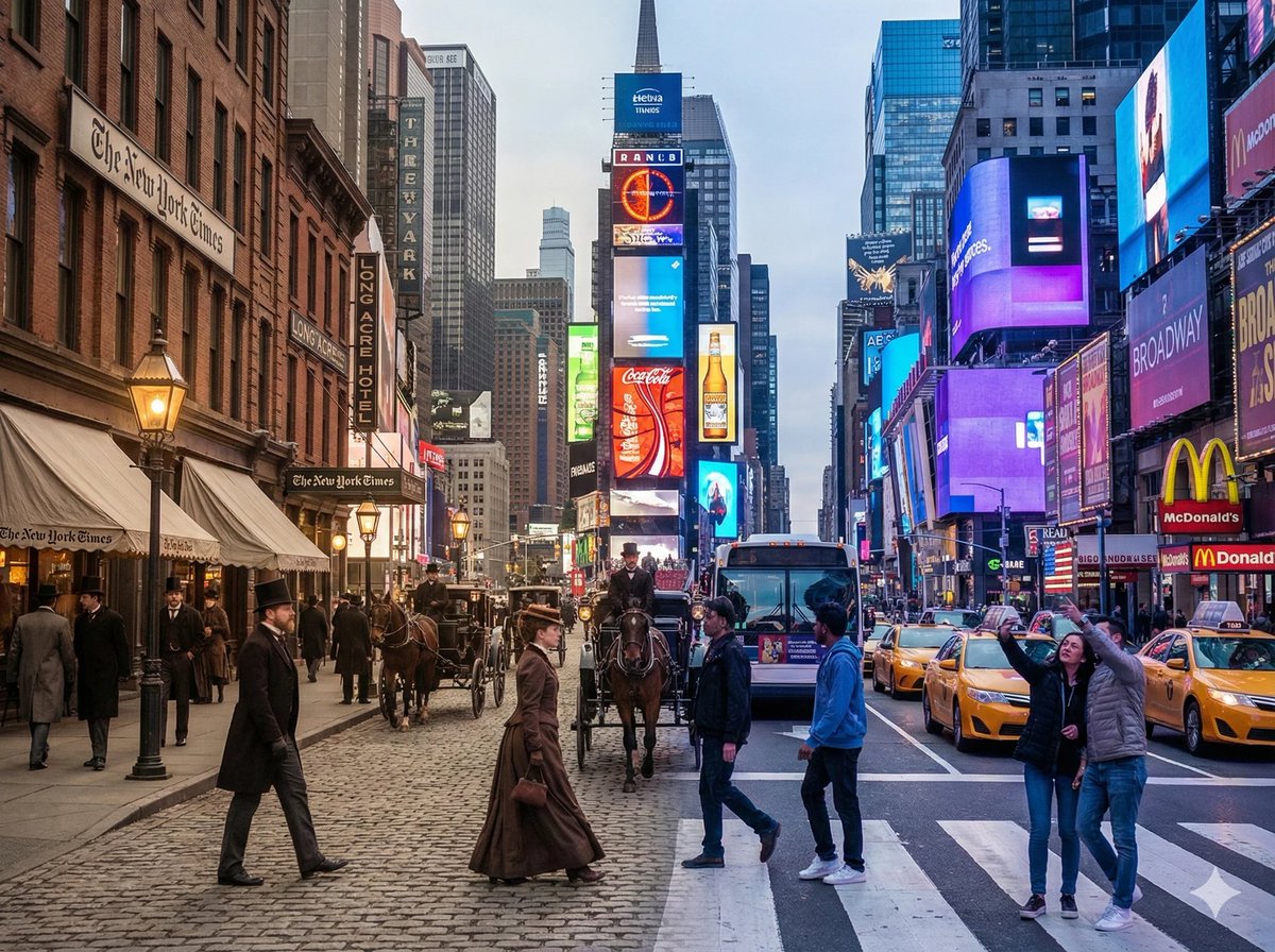 Times Square Time-Blend Split-Screen — Nano Banana Pro AI Generated Image