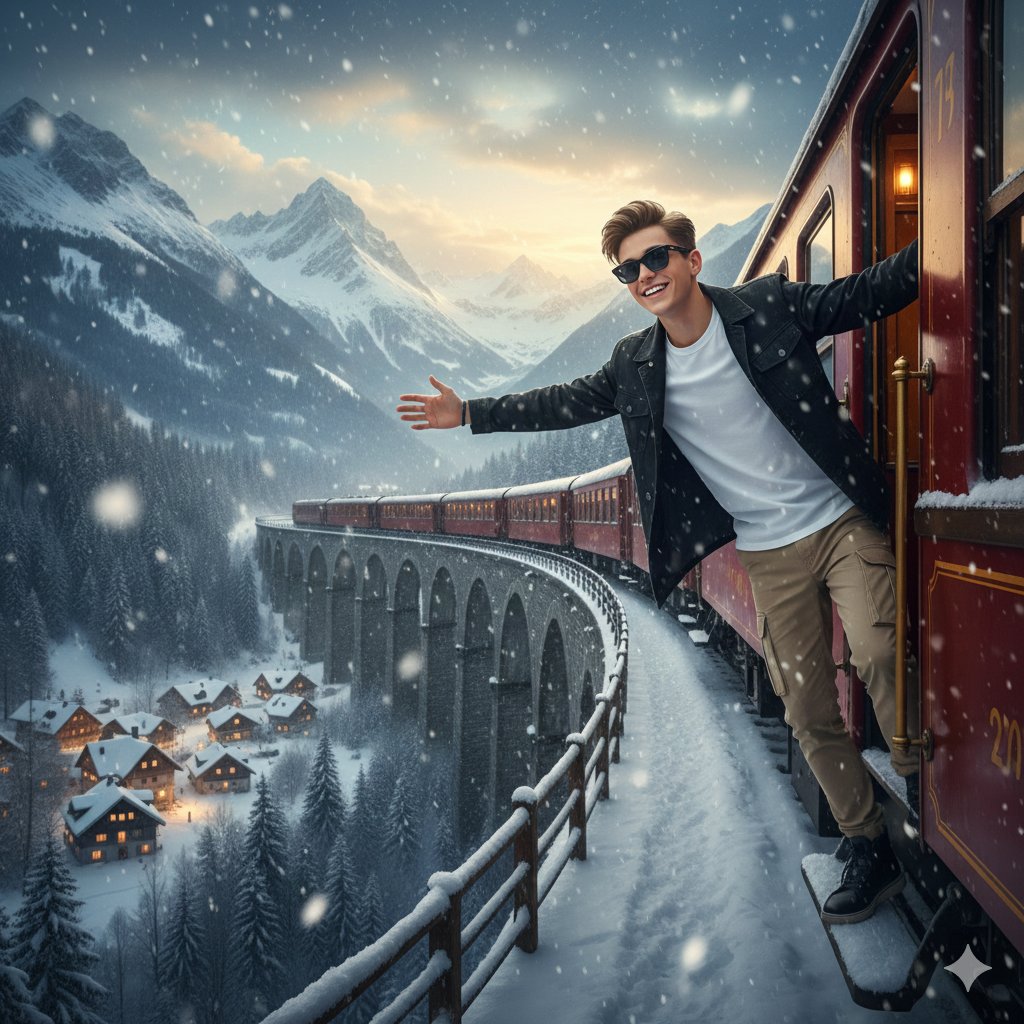 8K Cinematic Winter Adventure Photo on a Vintage Train — Nano Banana Pro AI Generated Image