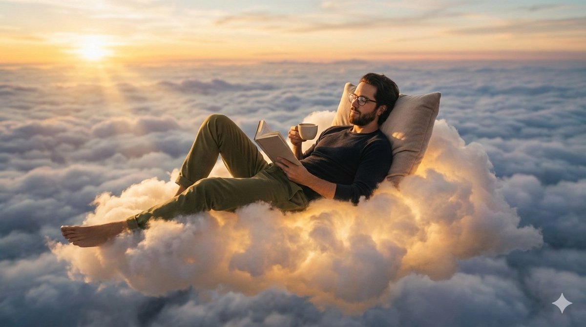 Person relaxing on glowing cloud above the sky — Nano Banana Pro AI Generated Image