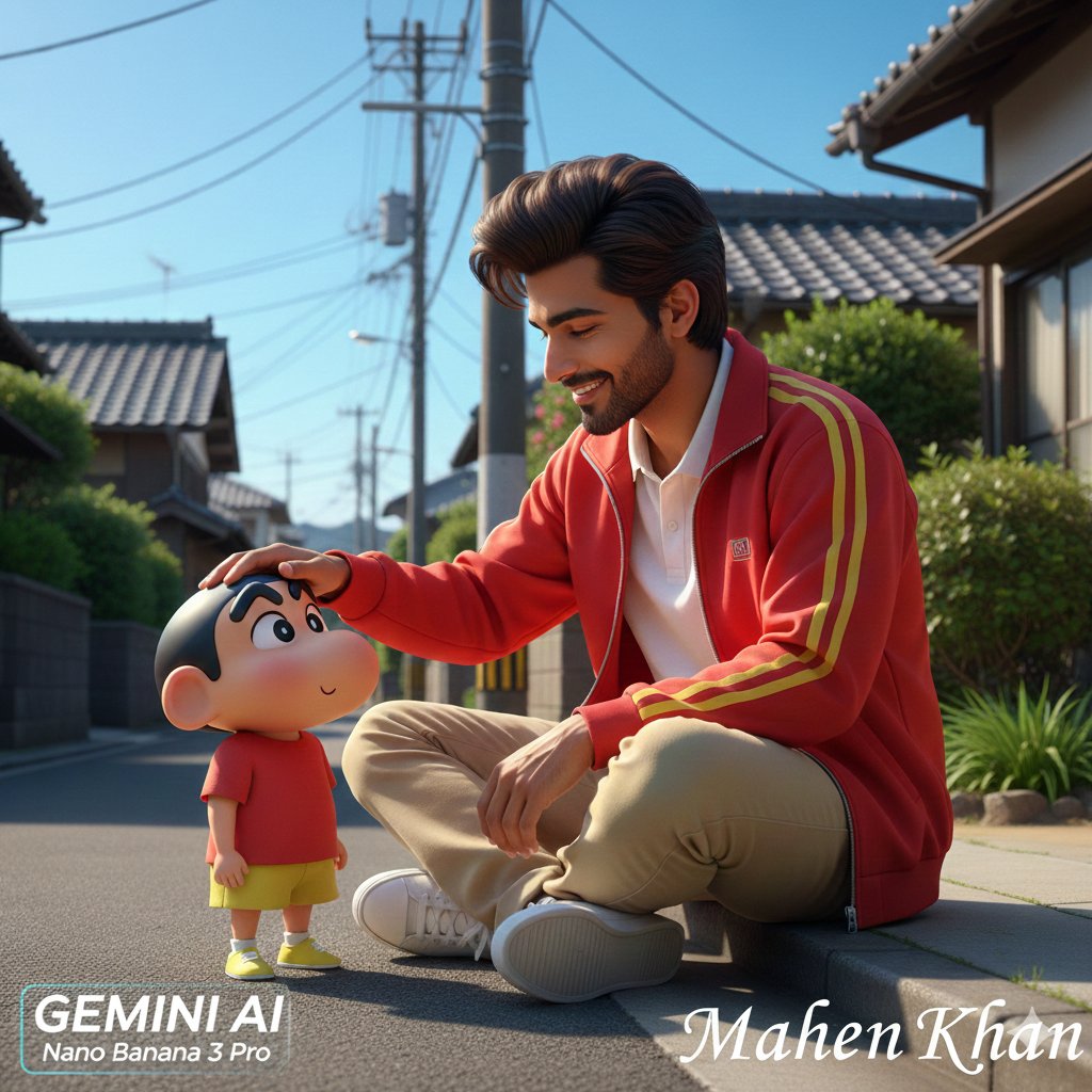 Photorealistic Man Interacting with 3D Shin-chan — Nano Banana Pro AI Generated Image