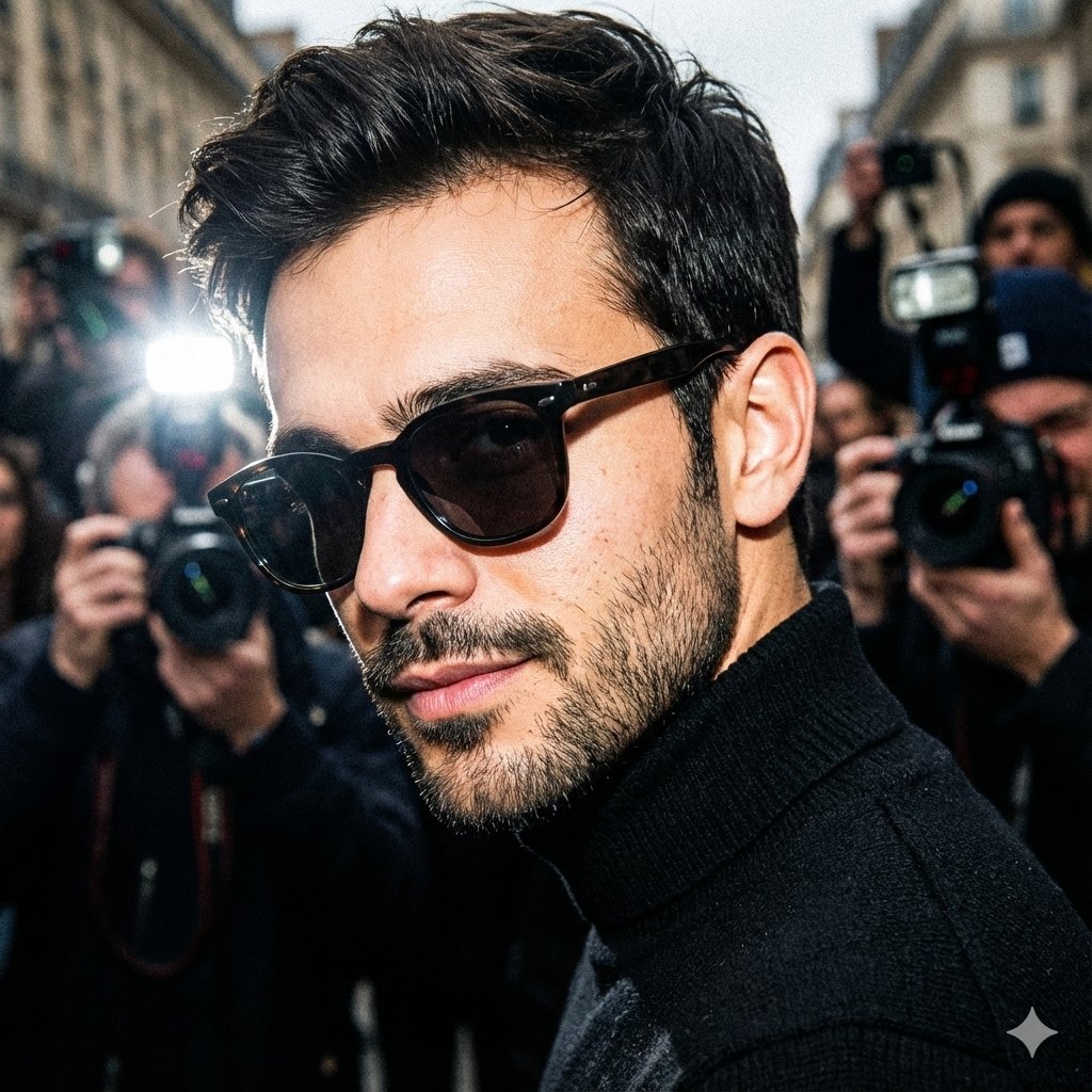 Unplanned paparazzi-style street portrait of a man — Nano Banana Pro AI Generated Image