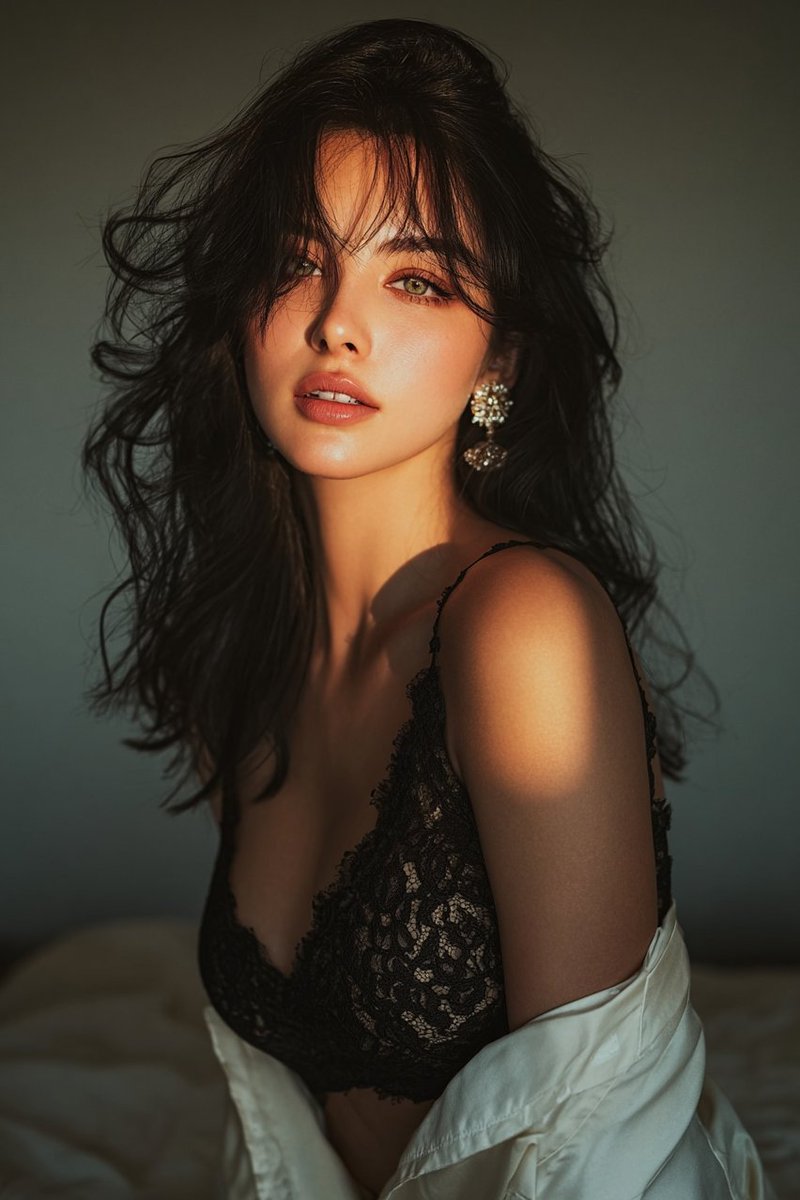 Golden hour portrait of a woman in black lace dress — Nano Banana Pro AI Generated Image