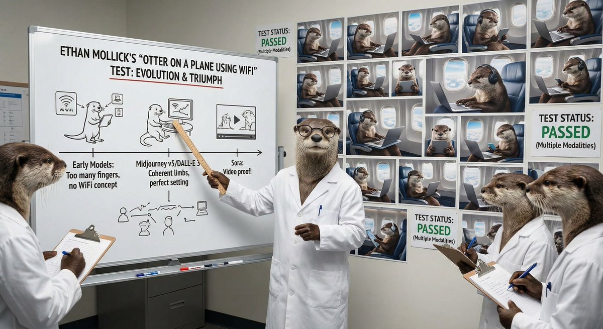 Otter scientists explaining the WiFi plane test — Nano Banana Pro AI Generated Image