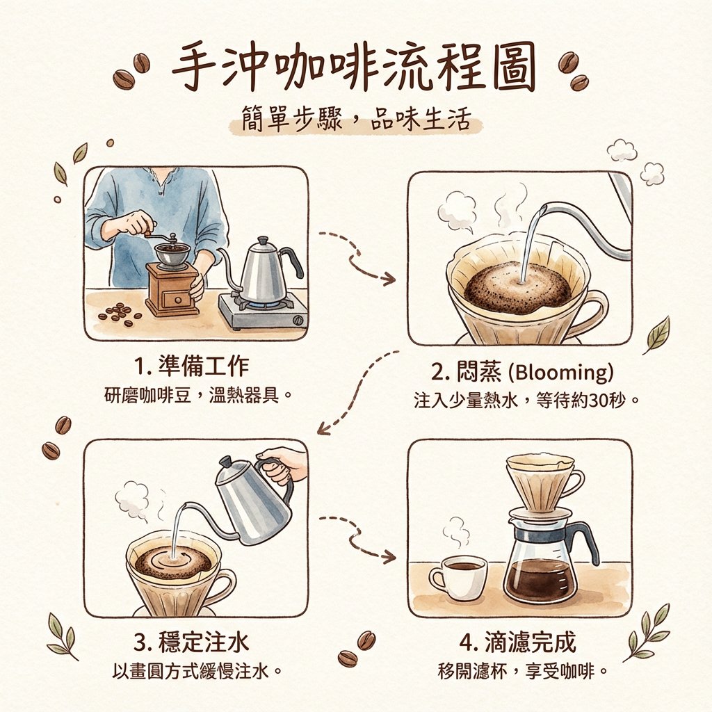 Hand drip coffee flowchart in Japanese magazine style — Nano Banana Pro AI Generated Image