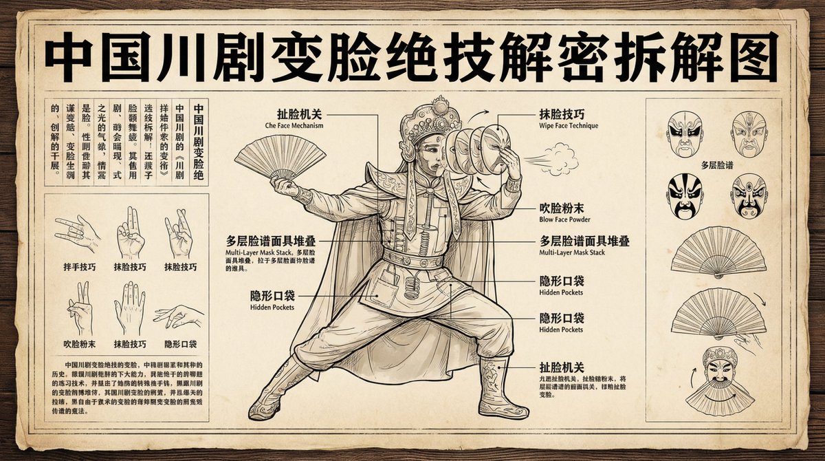 Sichuan opera face-changing technique infographic — Nano Banana Pro AI Generated Image