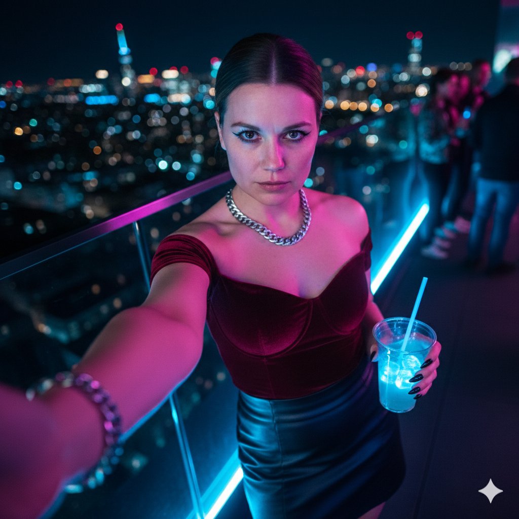 Cyberpunk Rooftop Selfie with Cold Stare — Nano Banana Pro AI Generated Image