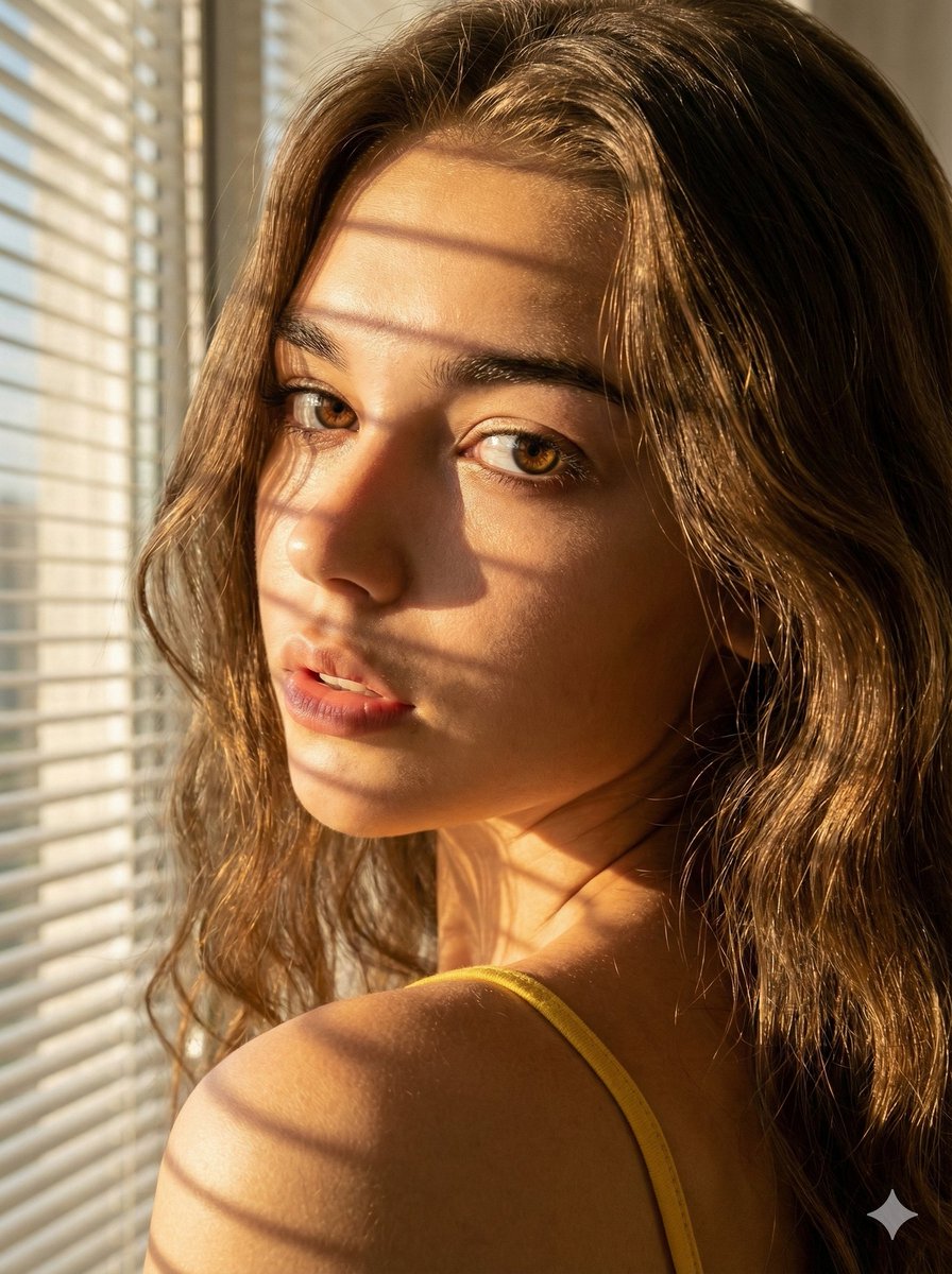 Close-up Portrait with Window Blind Shadows — Nano Banana Pro AI Generated Image