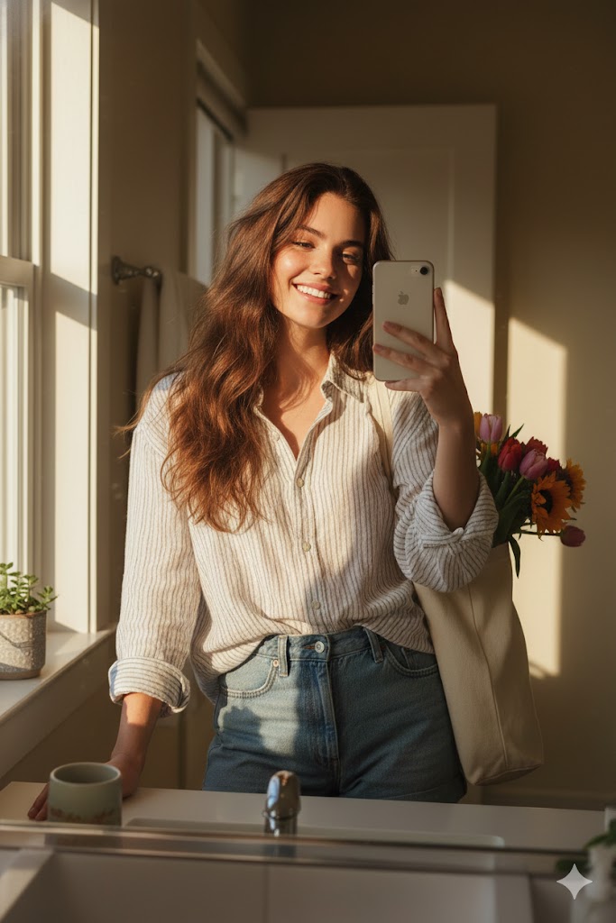 Weekend Farmers Market Mirror Selfie (Reference Image Required) — Nano Banana Pro AI Generated Image