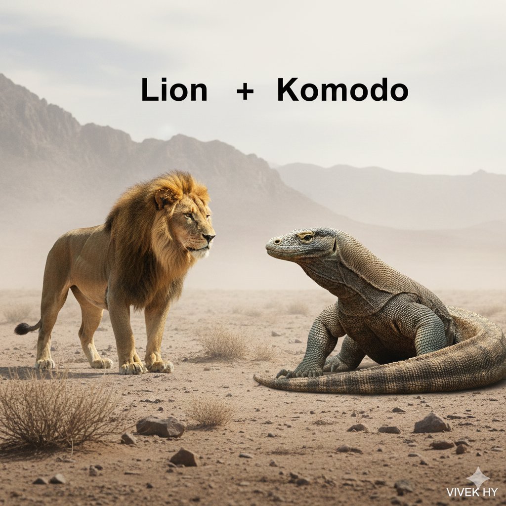 Lion vs. Komodo Cinematic Desert Standoff — Nano Banana Pro AI Generated Image