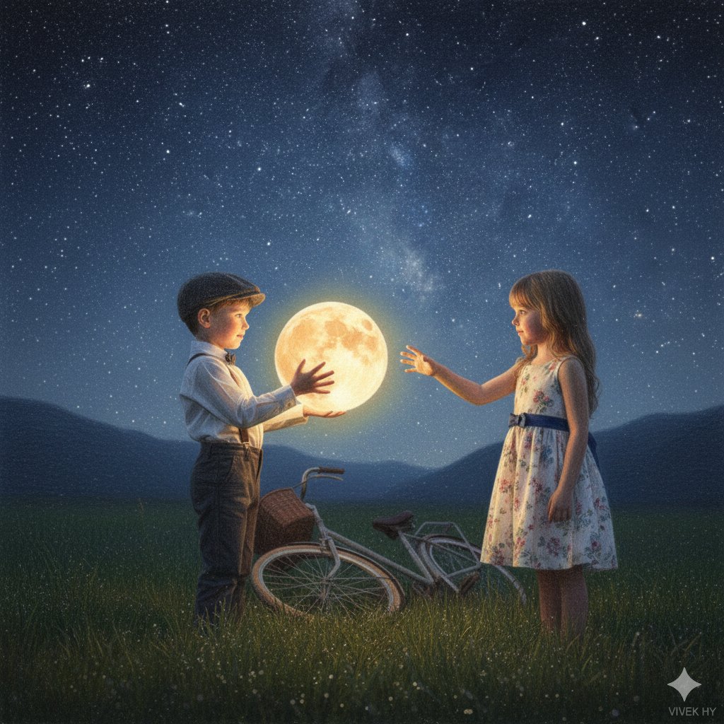 Whimsical Fantasy: Kids Holding a Glowing Moon (JSON) — Nano Banana Pro AI Generated Image