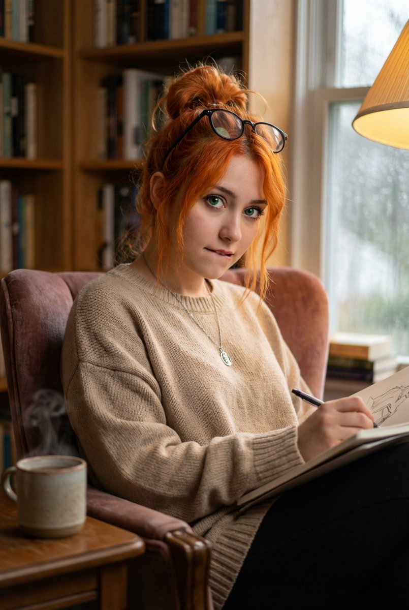 Consistent Character Portrait: Alev in a Cozy Library (JSON) — Nano Banana Pro AI Generated Image