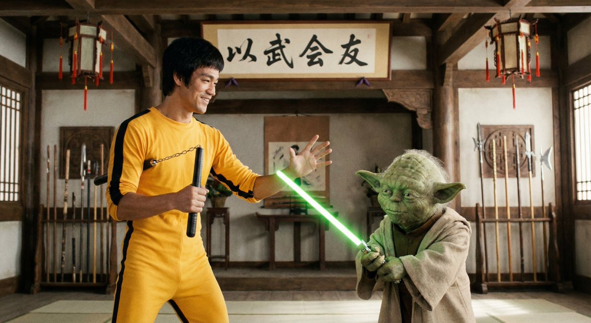 Bruce Lee sparring with Yoda in a dojo — Nano Banana Pro AI Generated Image