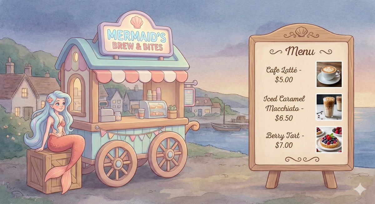 Dreamy Mermaid Café Illustration with Menu Display — Nano Banana Pro AI Generated Image