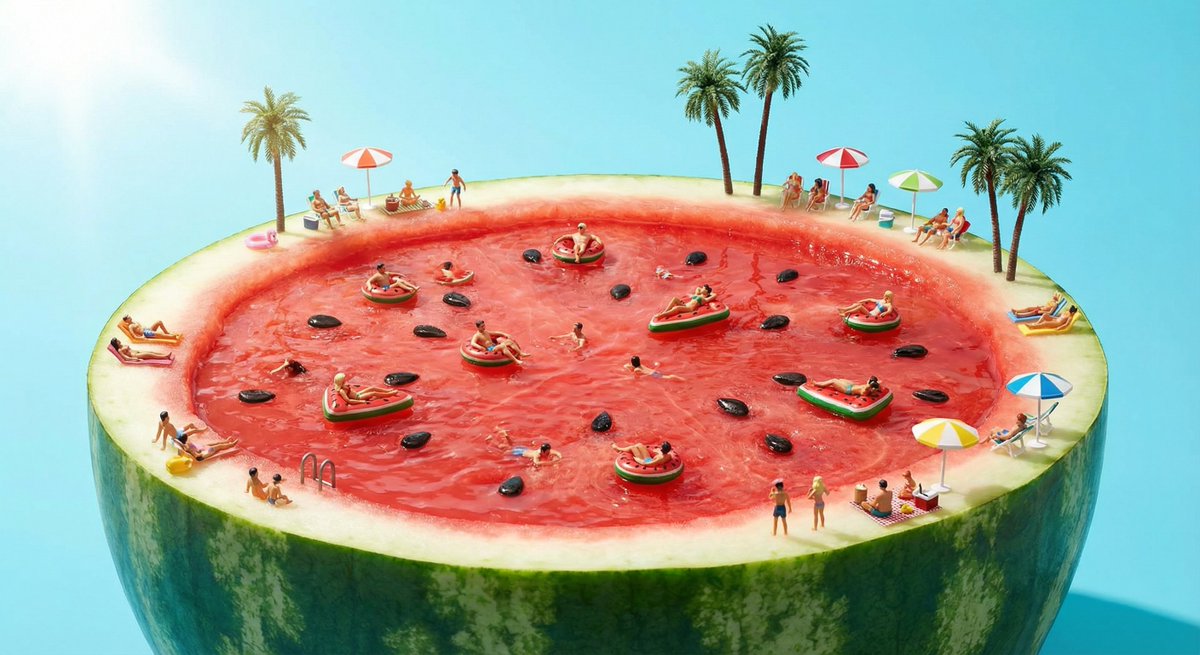Watermelon swimming pool micro-world — Nano Banana Pro AI Generated Image
