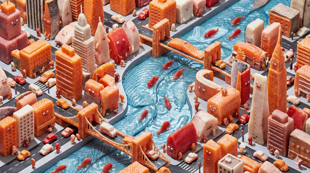 Surreal Hyperrealistic Salmon Fillet World Prompt — Nano Banana Pro AI Generated Image