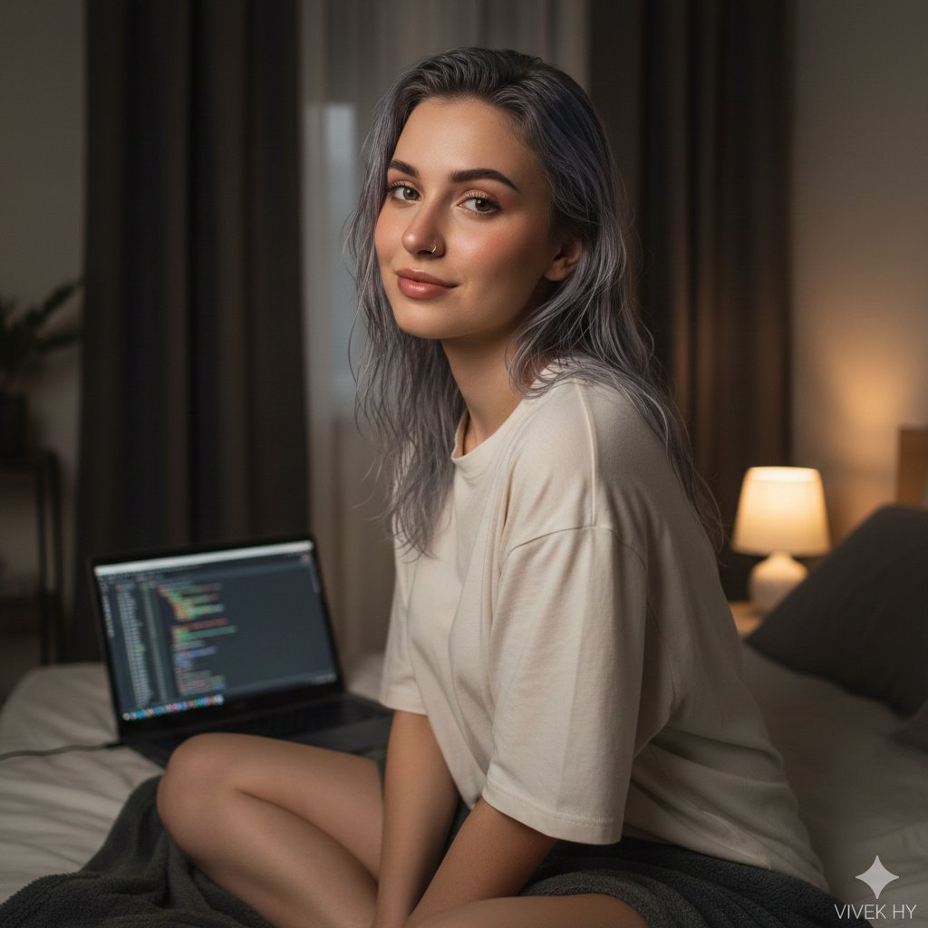 Cozy Bedroom Portrait with Code Editor Prompt — Nano Banana Pro AI Generated Image