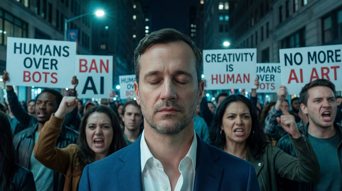 Image-to-Image: Changing Background to Anti-AI Protest — Nano Banana Pro AI Generated Image