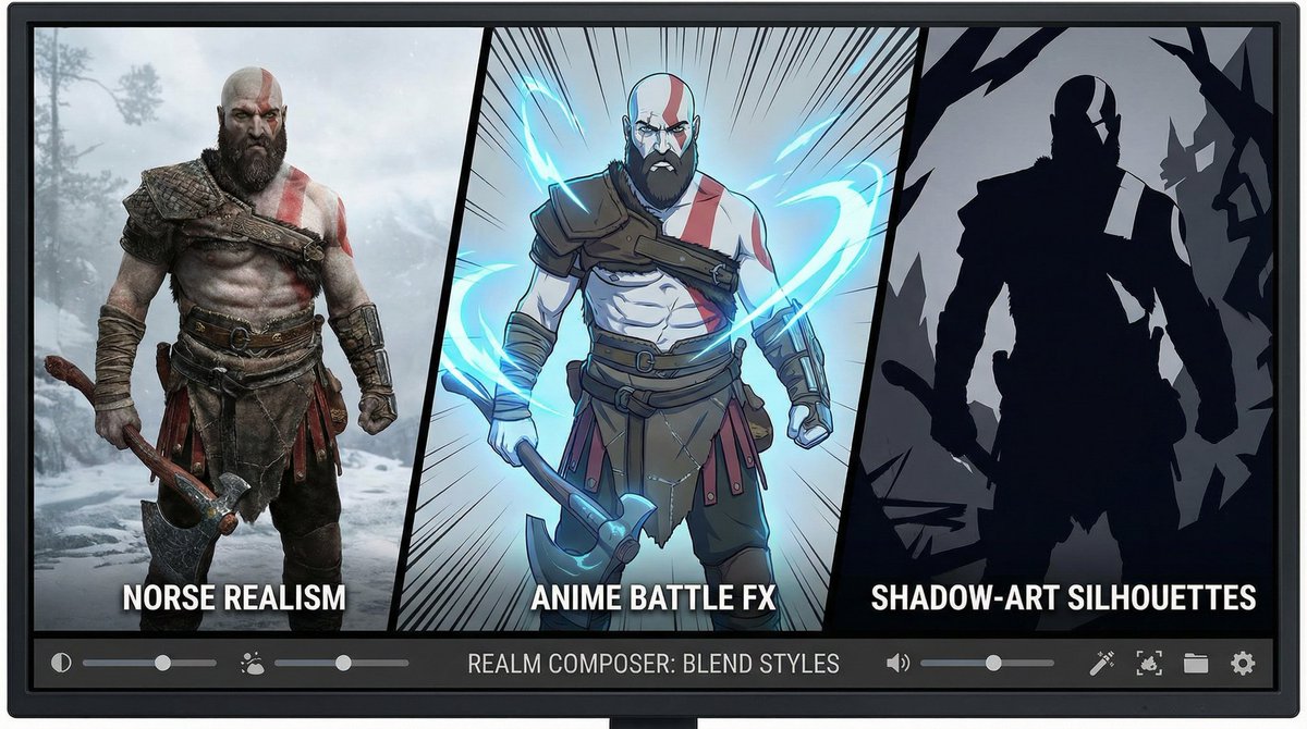 Kratos in Three Blended Styles — Nano Banana Pro AI Generated Image