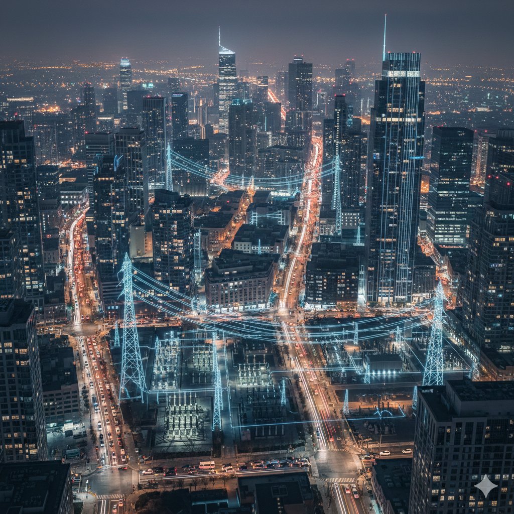 Cinematic Night City with Visible Power Grid — Nano Banana Pro AI Generated Image
