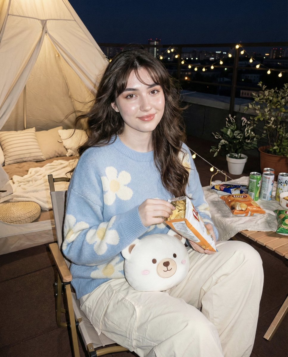 Hyper-realistic Nighttime Rooftop Portrait with Digital Camera Flash Effect — Nano Banana Pro AI Generated Image