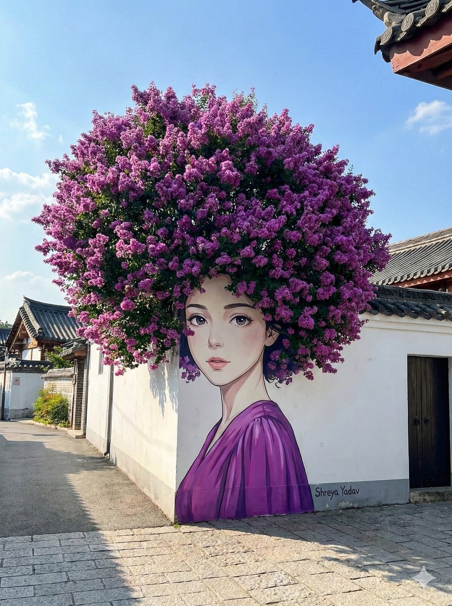 Trompe-l'œil Street Art with Flowering Bush Hair — Nano Banana Pro AI Generated Image