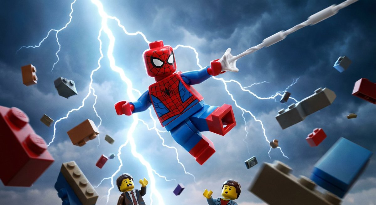 Epic LEGO Spider-Man movie poster scene — Nano Banana Pro AI Generated Image