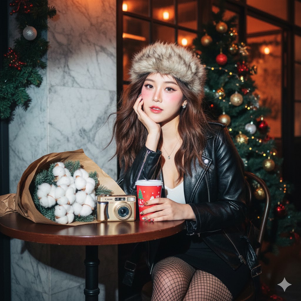 Y2K Flash Portrait at Christmas Cafe — Nano Banana Pro AI Generated Image