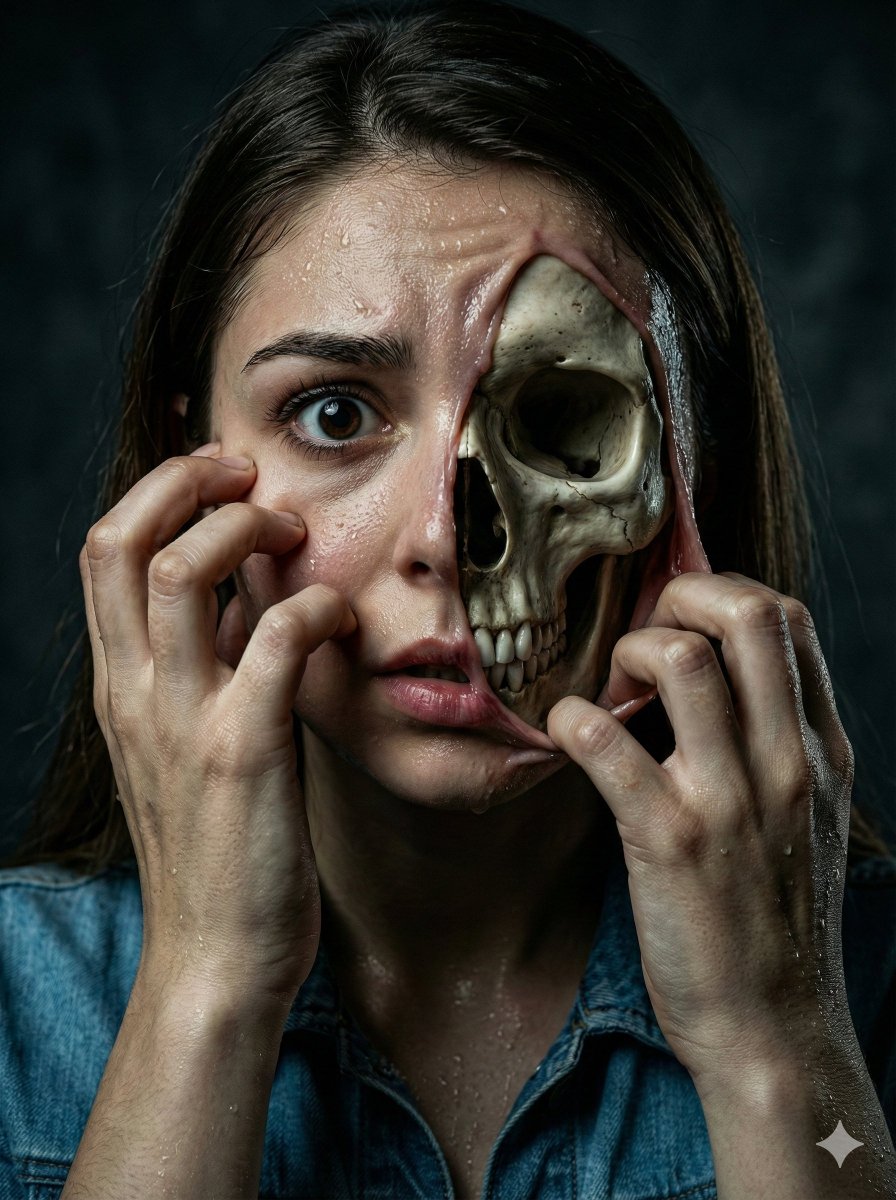 Surreal Horror Portrait Revealing Skull — Nano Banana Pro AI Generated Image
