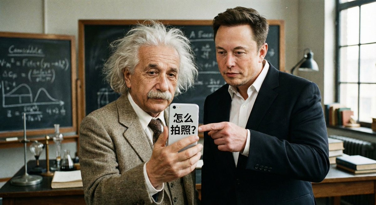 Einstein learning selfies from Elon Musk (Chinese) — Nano Banana Pro AI Generated Image