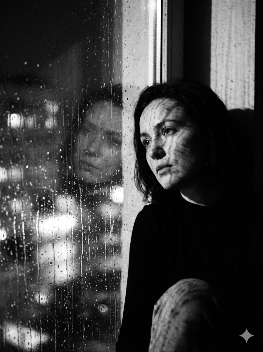 Black and White Rainy Window Portrait Prompt — Nano Banana Pro AI Generated Image