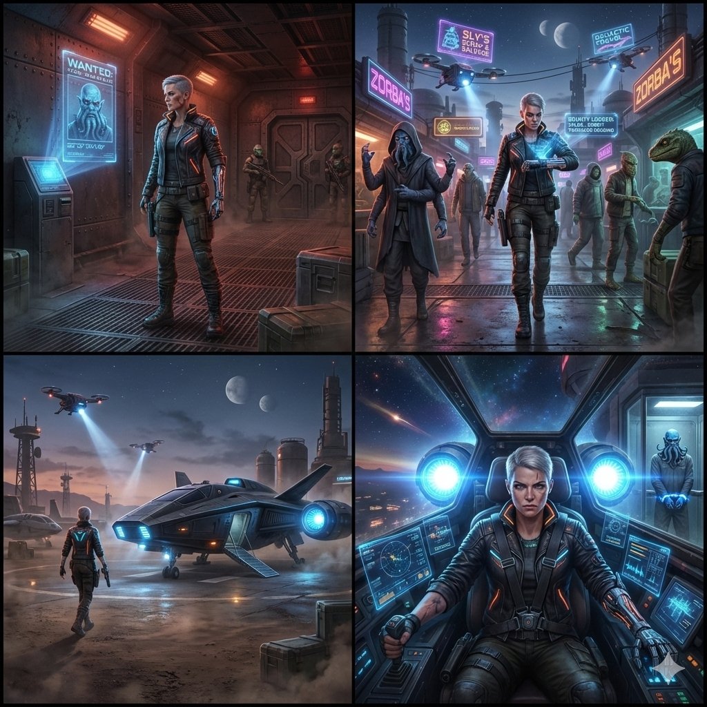 Sequential Sci-Fi Bounty Hunter Story Grid — Nano Banana Pro AI Generated Image